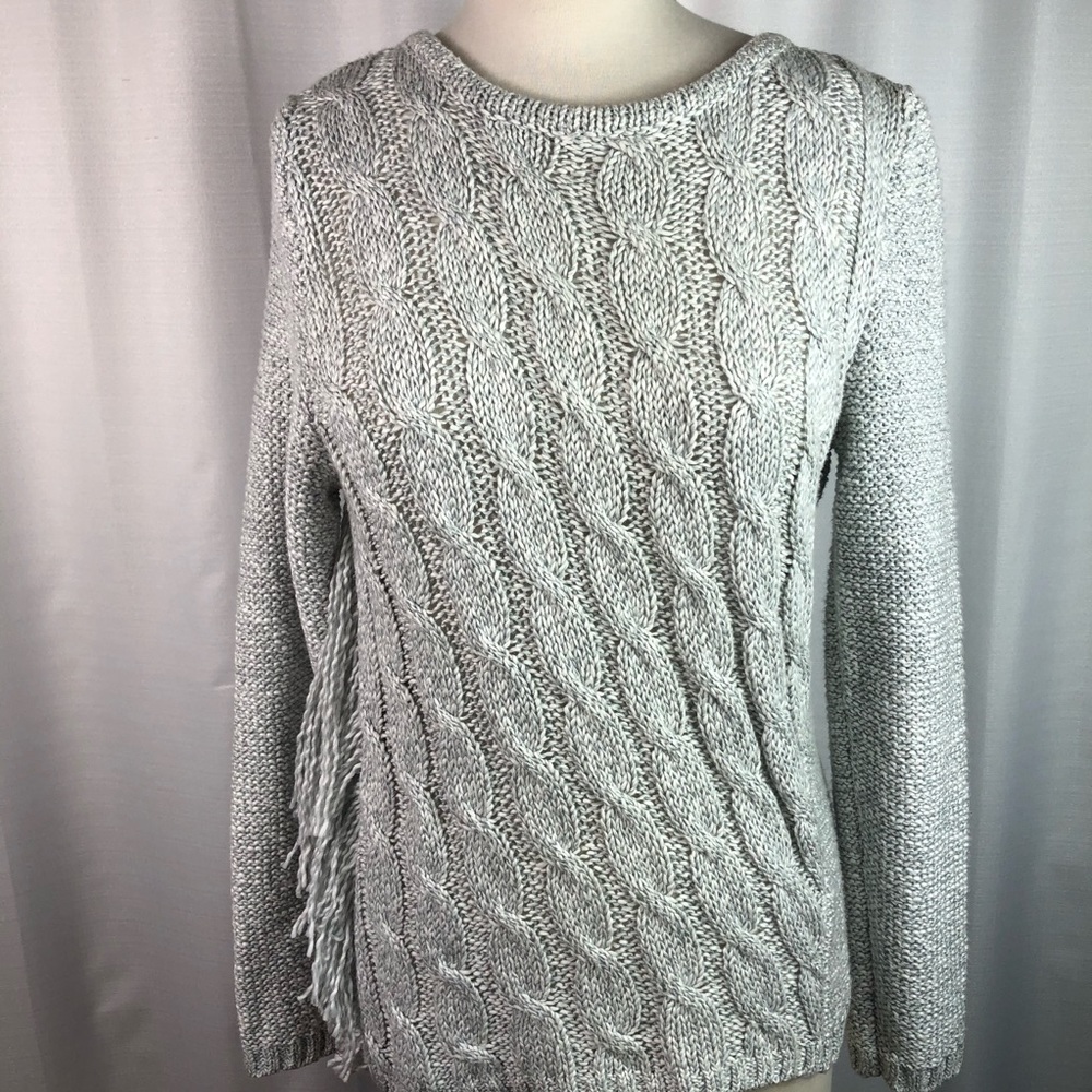 Timing Gray Cable Fringe Sweater L